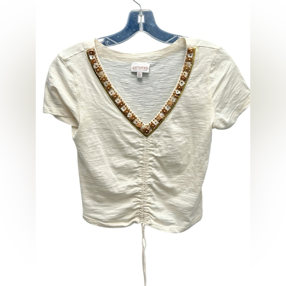 Shyanne Boho Western Beaded Front Tie Ruched Crop Top V Neck Short Sleeve Top XS